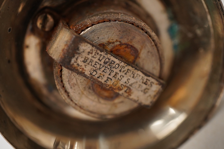 A Victorian silver mounted glass pepper mill, by Frederic Purnell, London, 1881, height 86mm.